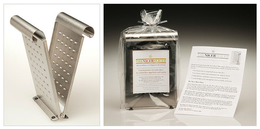 A stainless steel handheld kitchen tool used to slice foods into thin vertical slices.