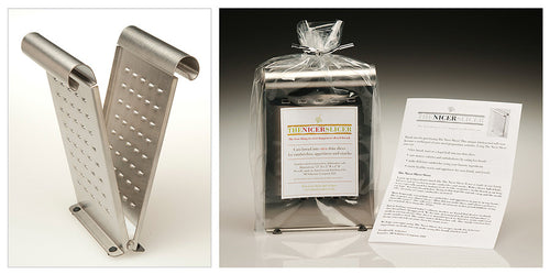 A stainless steel handheld kitchen tool used to slice foods into thin vertical slices.